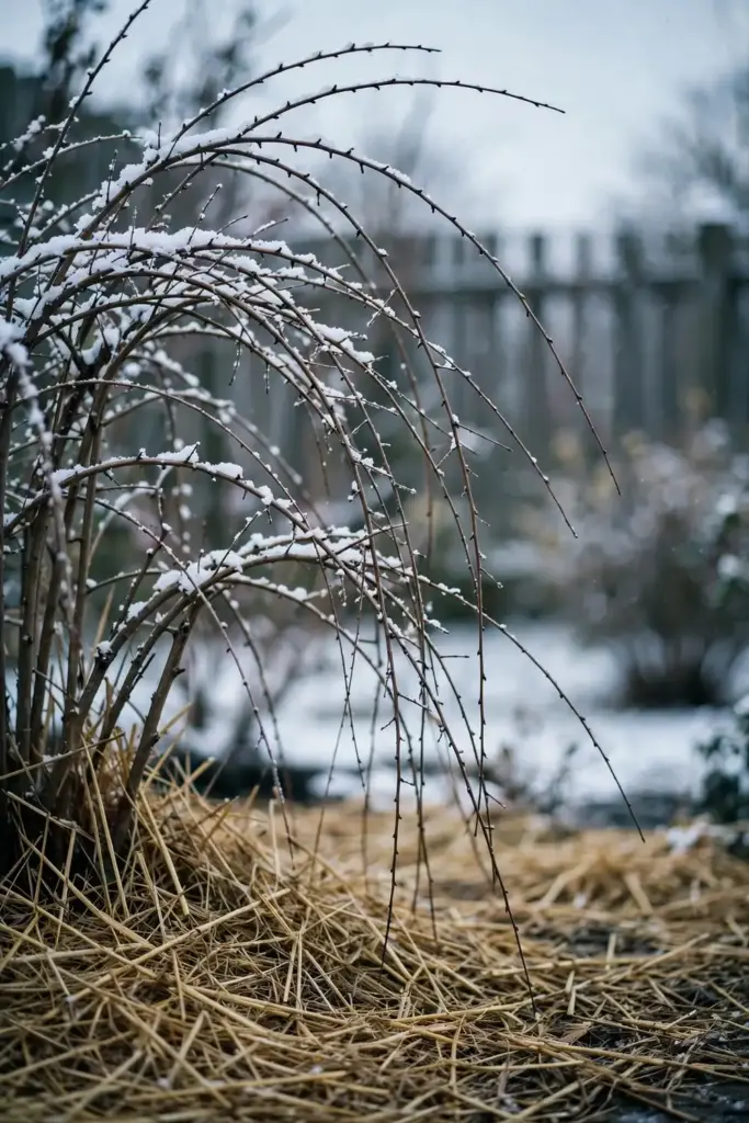 Goji shrub with snow on its arching branches in a winter garden