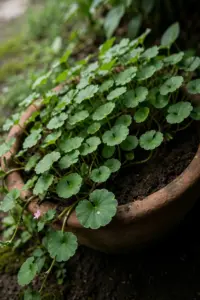 Lush gotu kola spilling from a wide shallow pot, fan-shaped scalloped leaves on long stalks