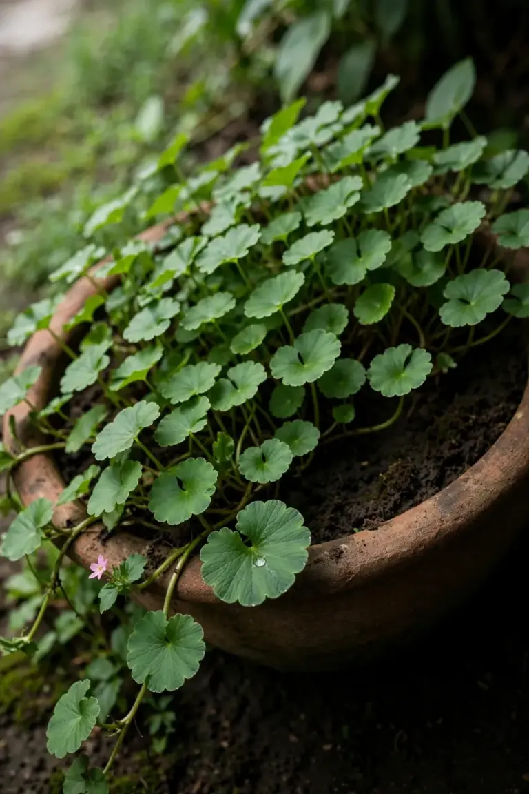 Lush gotu kola spilling from a wide shallow pot, fan-shaped scalloped leaves on long stalks