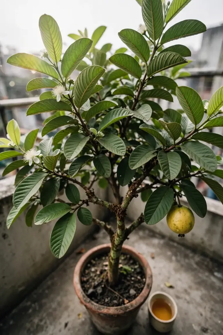 Potted guava tree with fresh leaves and a cup of brewed leaf tea on a sunny balcony