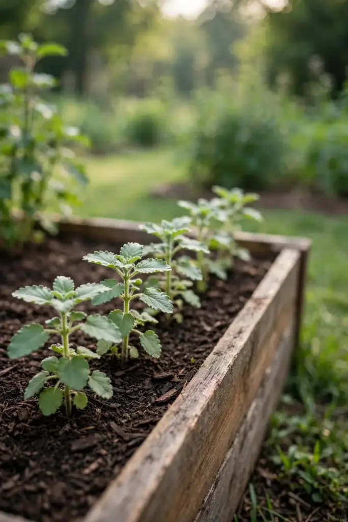 Tulsi plants thriving in a sunny summer vegetable garden bed