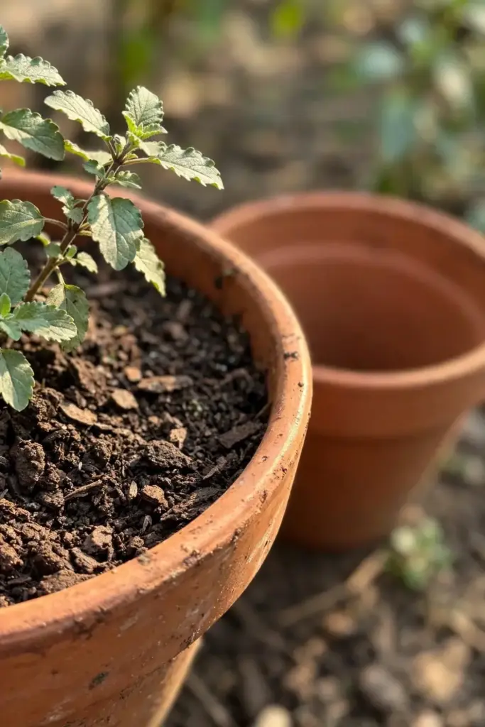 Young tulsi plant in a terracotta pot with fresh potting mix