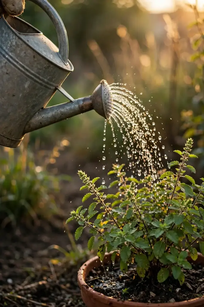 Watering a potted tulsi plant with a metal watering can