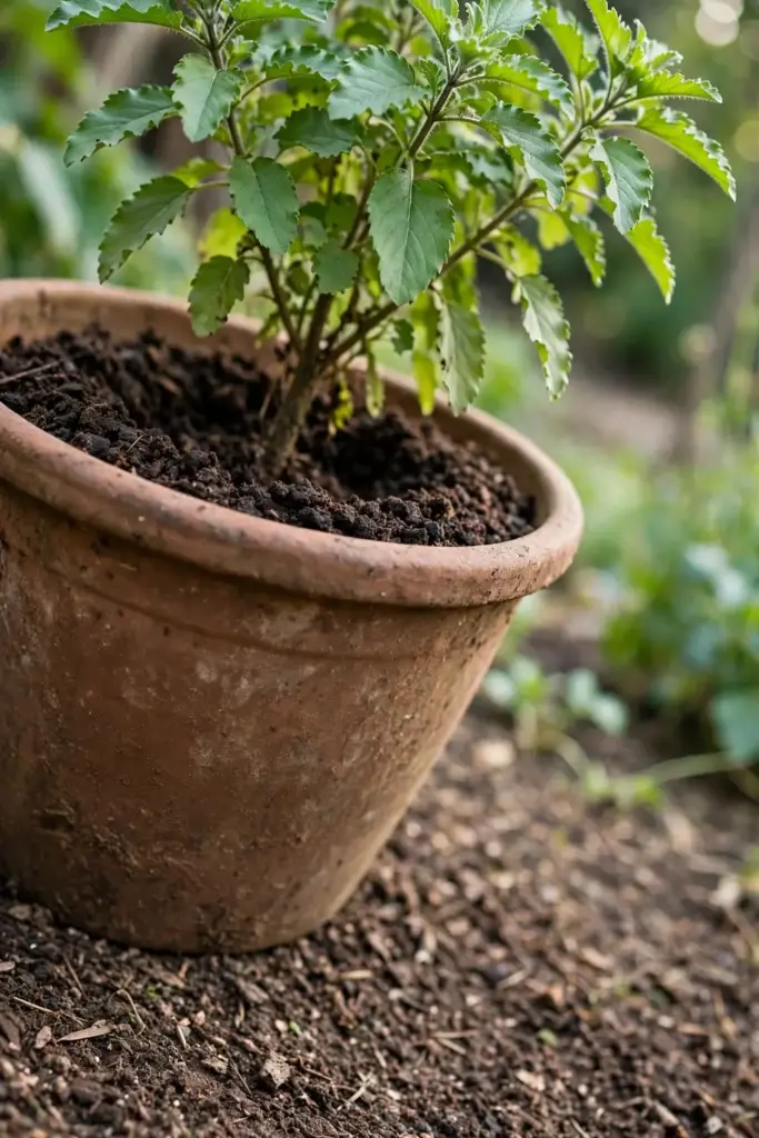 Dark compost mulch ringed around the base of a tulsi plant