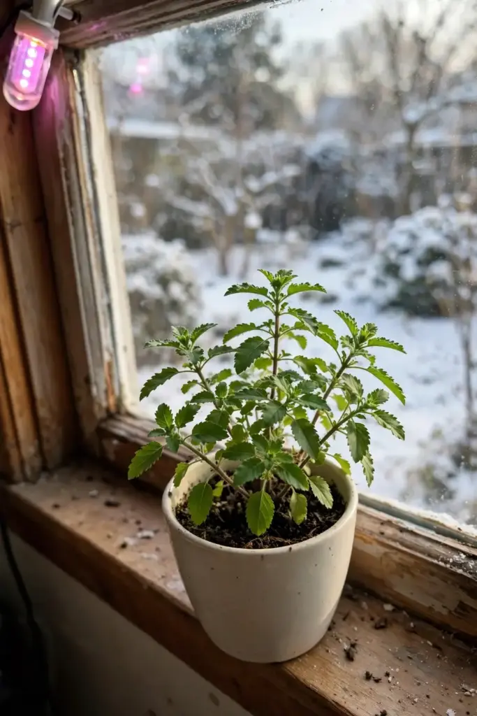 Potted tulsi plant overwintering on a bright indoor windowsill