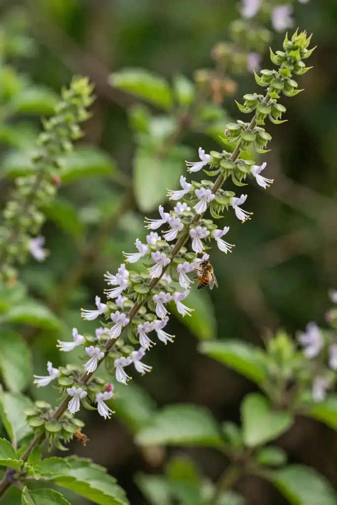 Close-up of tulsi flower spikes with tiny purple blossoms