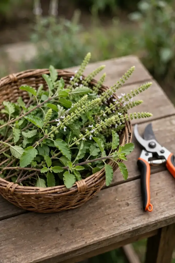 Basket of freshly harvested tulsi stems on a garden table