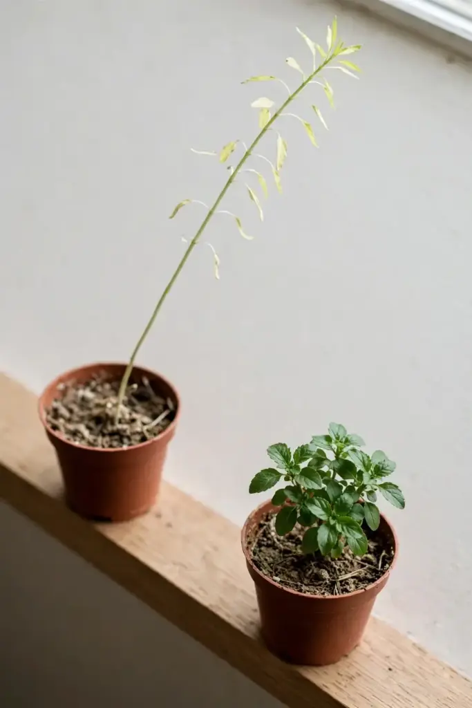 Leggy pale tulsi seedling next to a compact healthy seedling