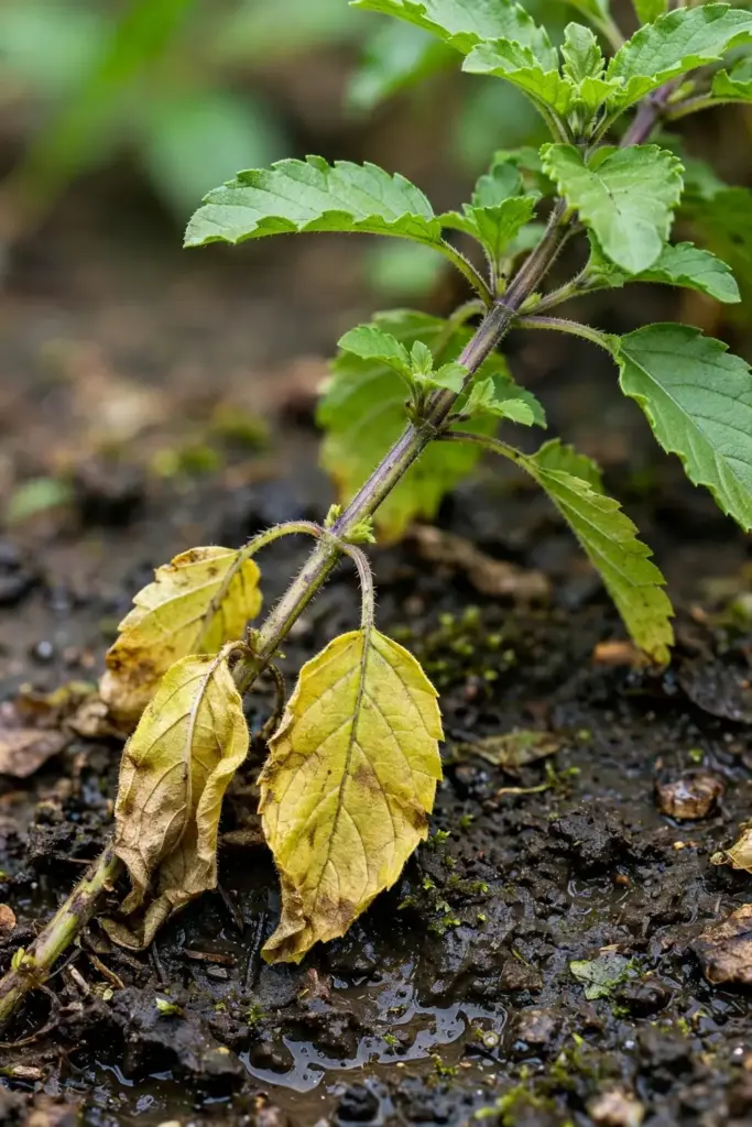 Close-up of yellowing lower leaves on an overwatered tulsi plant