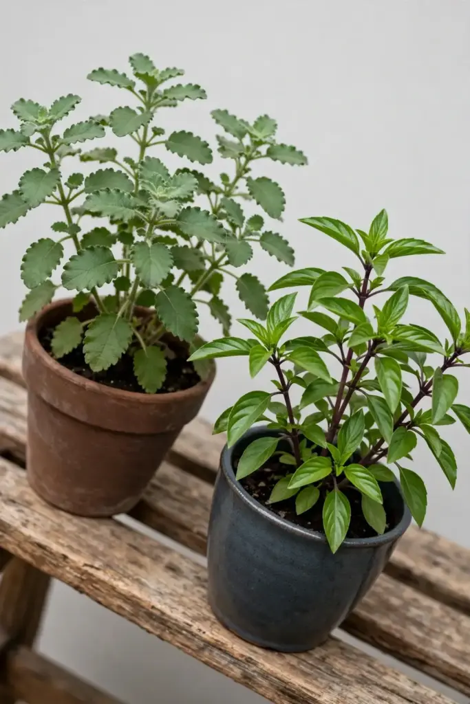 Side by side potted tulsi and Thai basil plants showing leaf differences