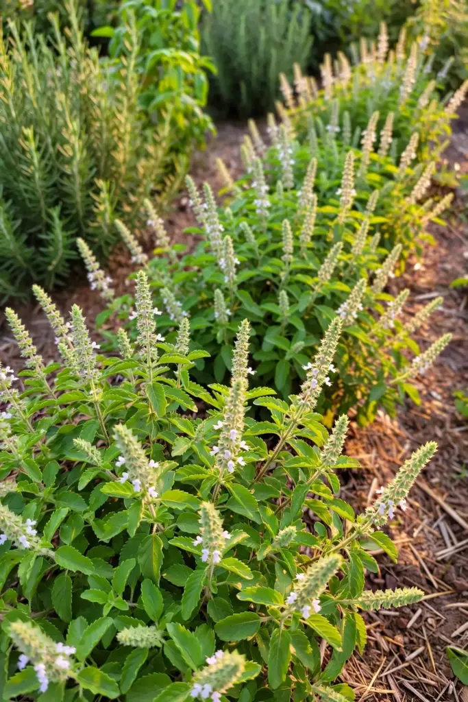 Thriving tulsi plants in a summer herb garden at warm daylight
