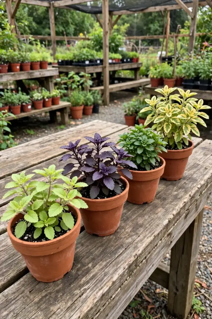 Four tulsi varieties in pots showing green purple and variegated leaves