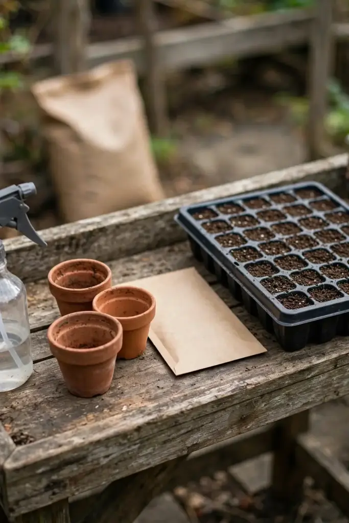 Seed starting supplies for tulsi arranged on a potting bench