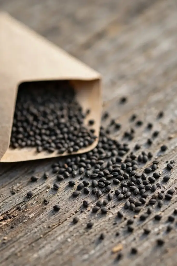 Tiny dark tulsi seeds spilling from a plain paper envelope
