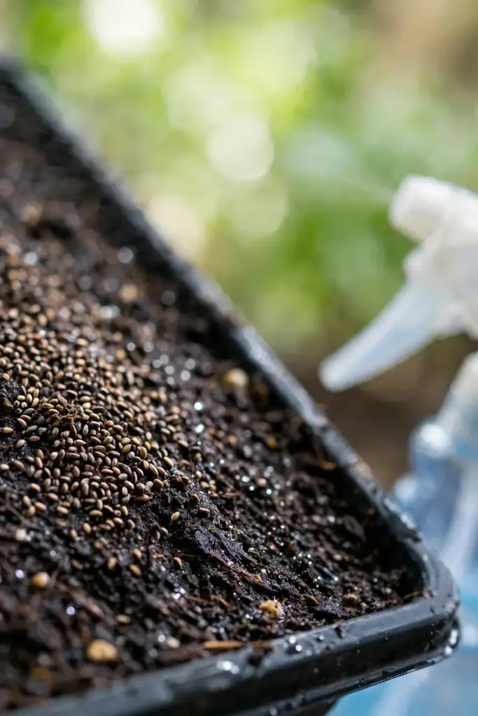 Tulsi seeds pressed onto moist seed-starting mix surface