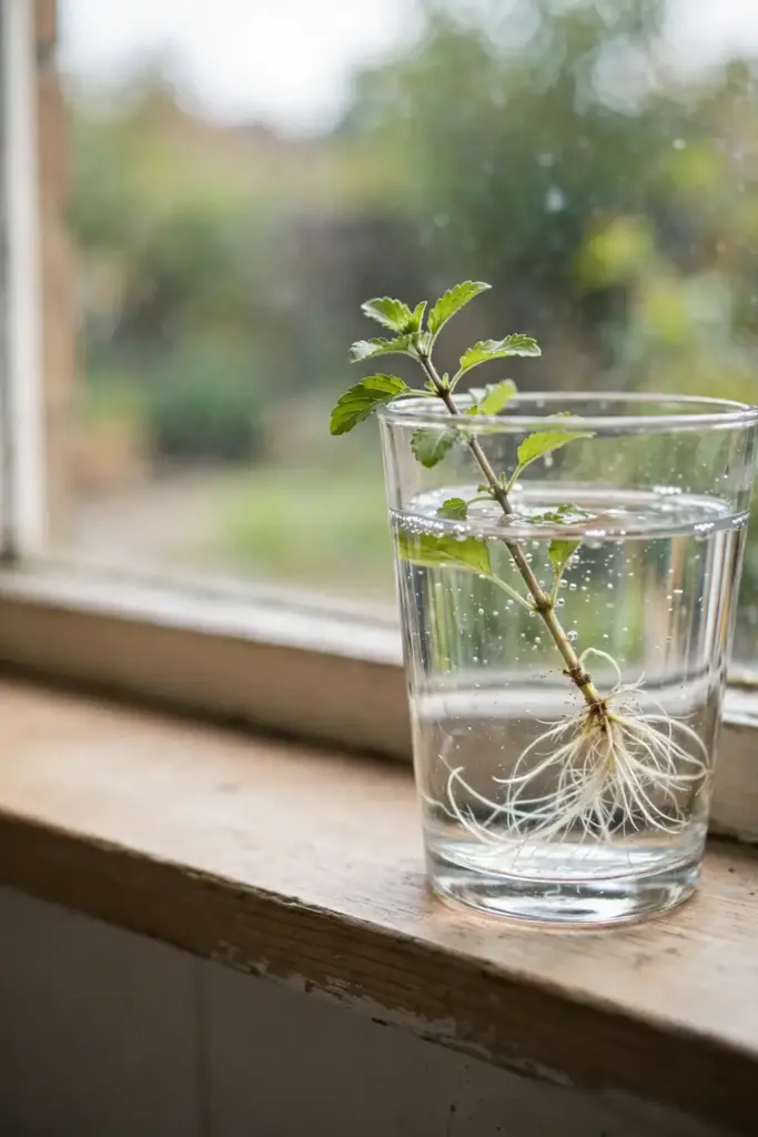 Tulsi stem cutting rooting in a glass of water on a windowsill