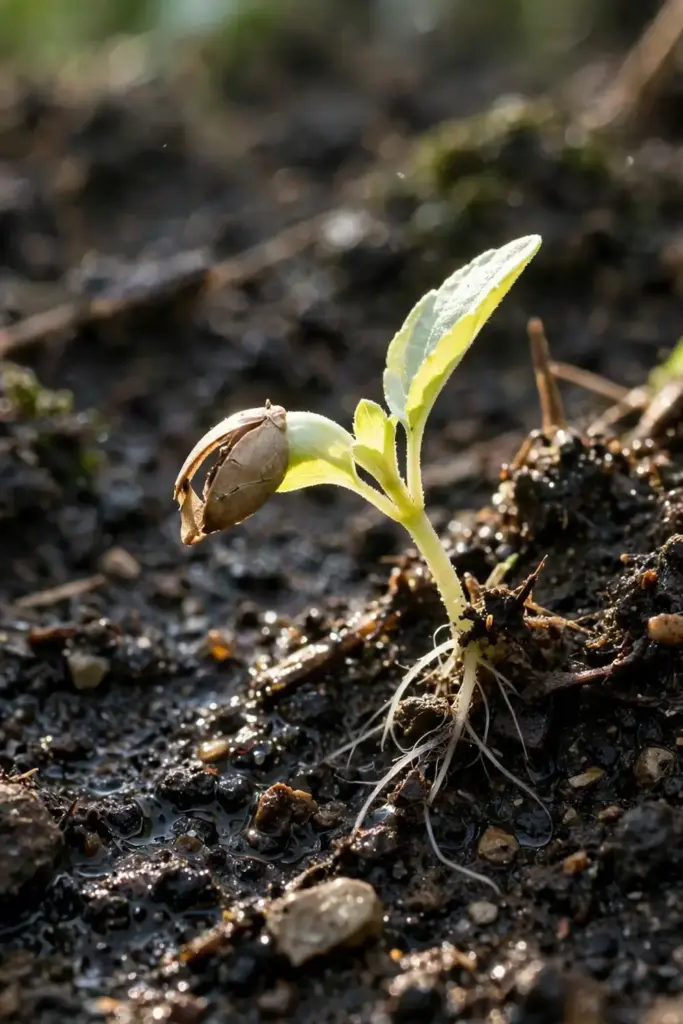 Tulsi seedling emerging with pale sprout and rootlets in soil