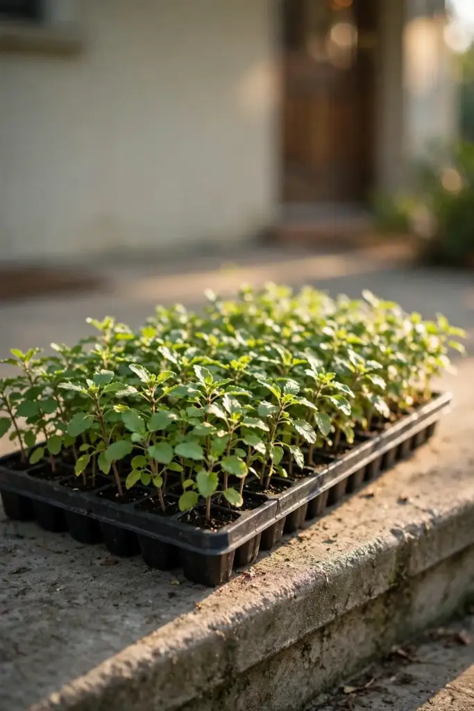 Tray of tulsi seedlings hardening off on a sunny porch step