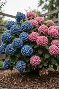 Bigleaf hydrangea shrub loaded with blue and pink mophead blooms in a garden bed.