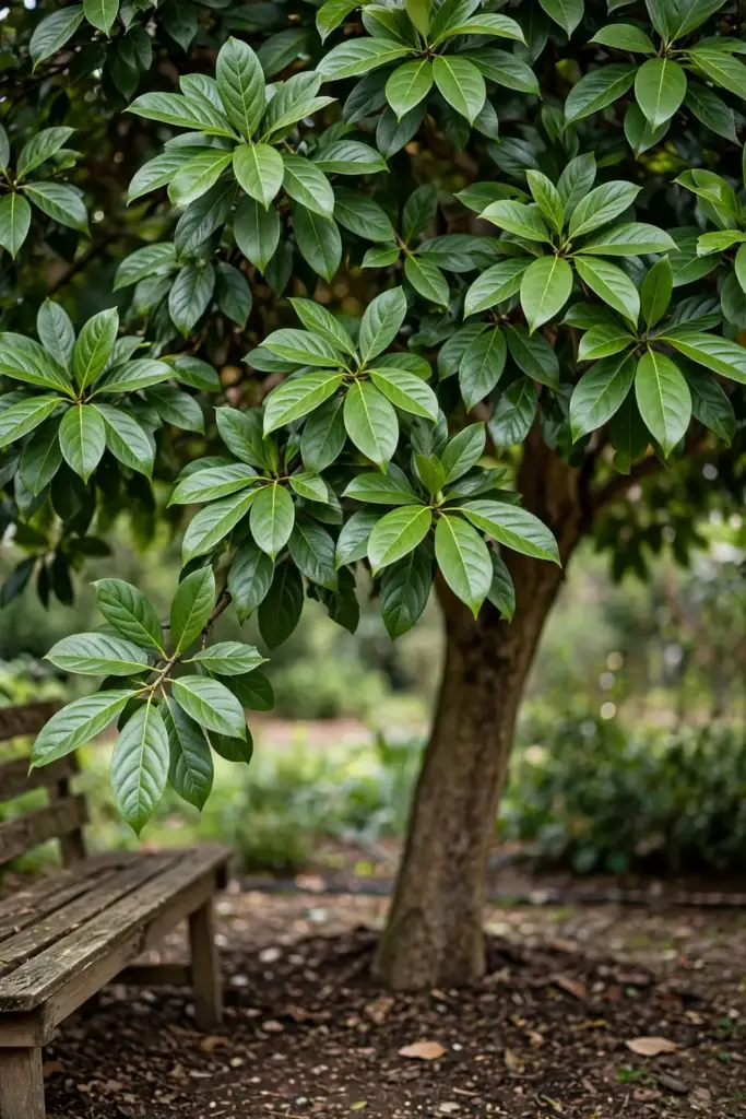 Mature tejpat tree towering over a garden bed, showing its true tree size