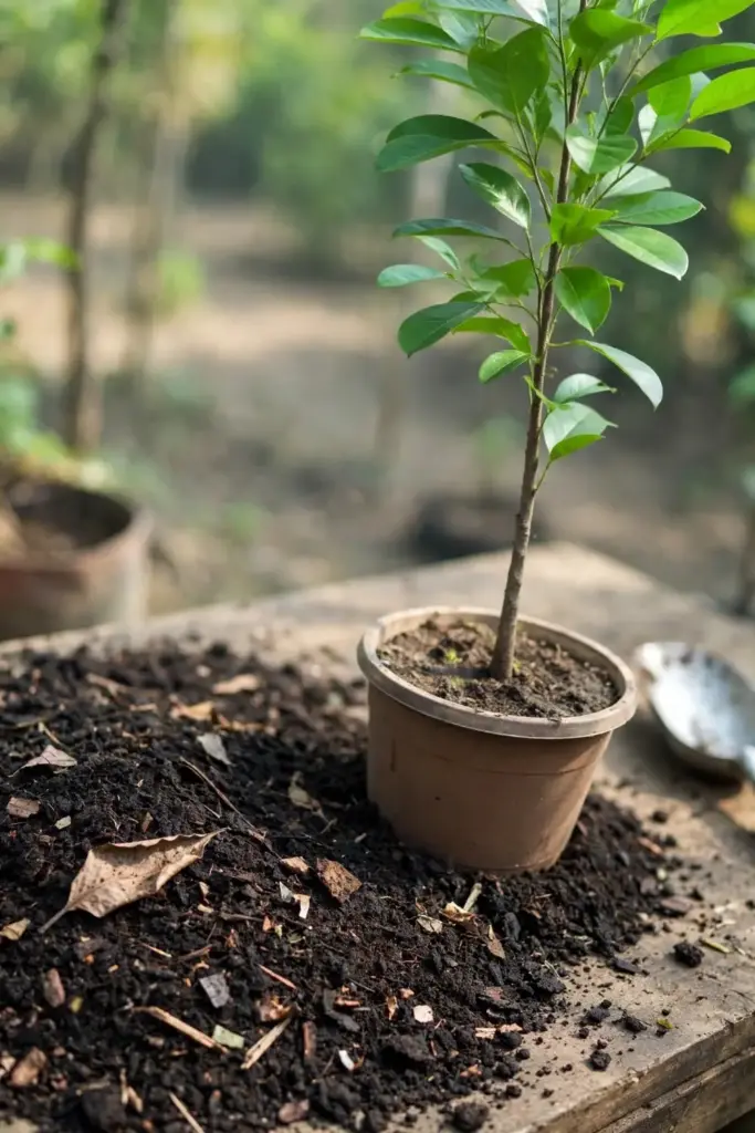Compost top-dressing spread around the base of a potted tejpat tree
