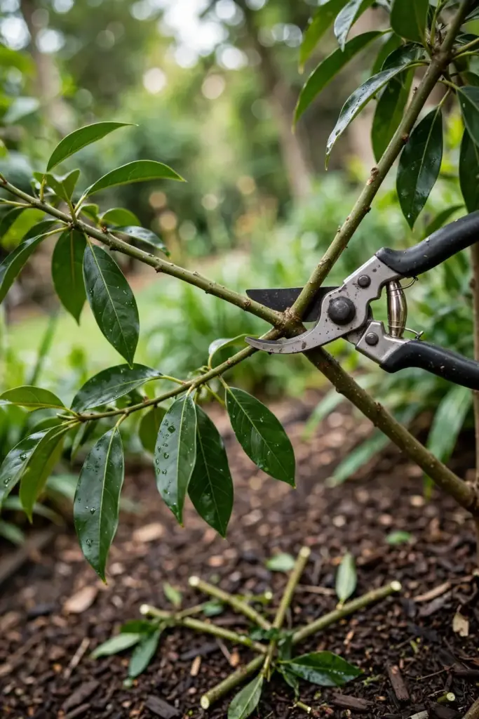 Pruning shears trimming a crossing branch on a young tejpat tree