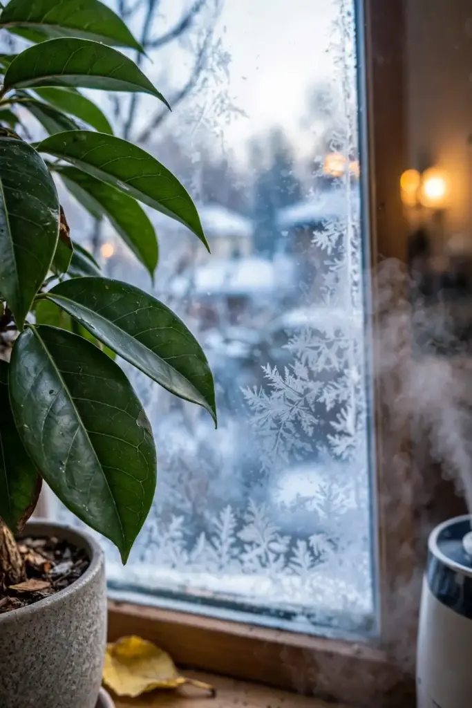 Potted tejpat tree overwintering by a bright indoor window in winter
