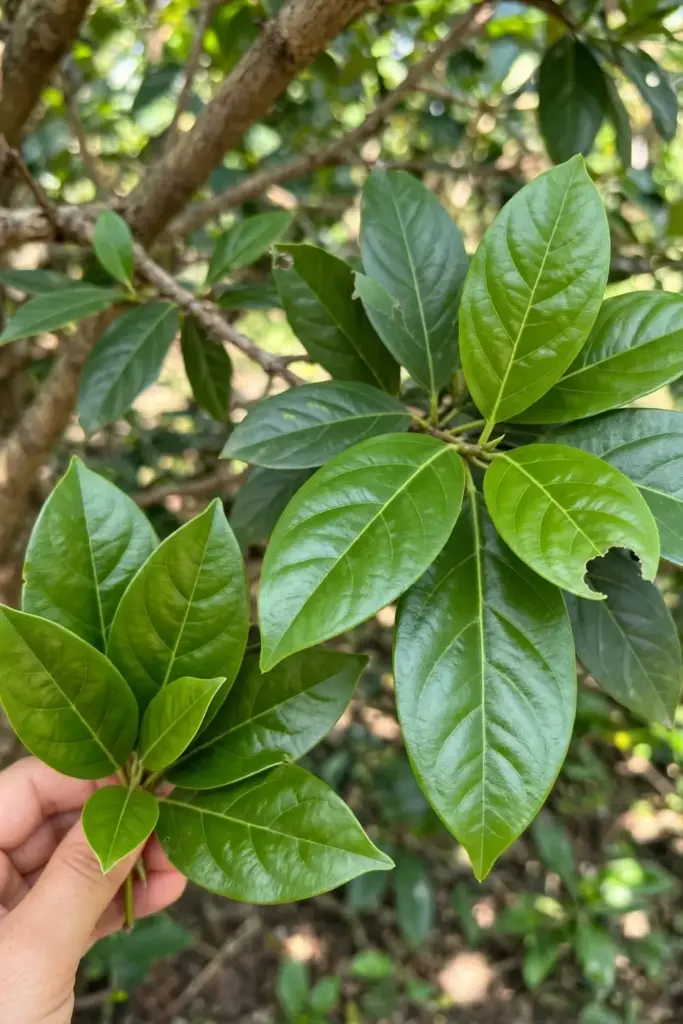 Hand holding freshly picked glossy tejpat leaves from a mature tree branch