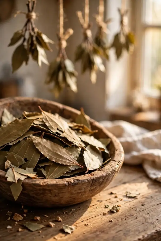Dried tejpat leaves in a rustic bowl with sun-drying branches behind
