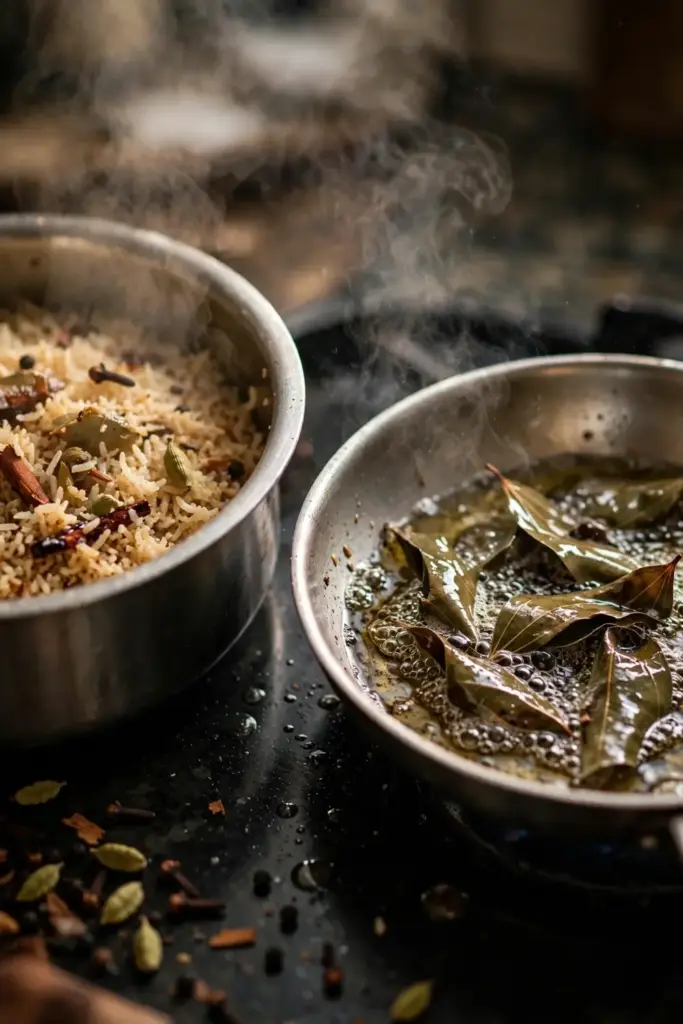 Biryani pot with tejpat leaves and spices showing Indian cooking use