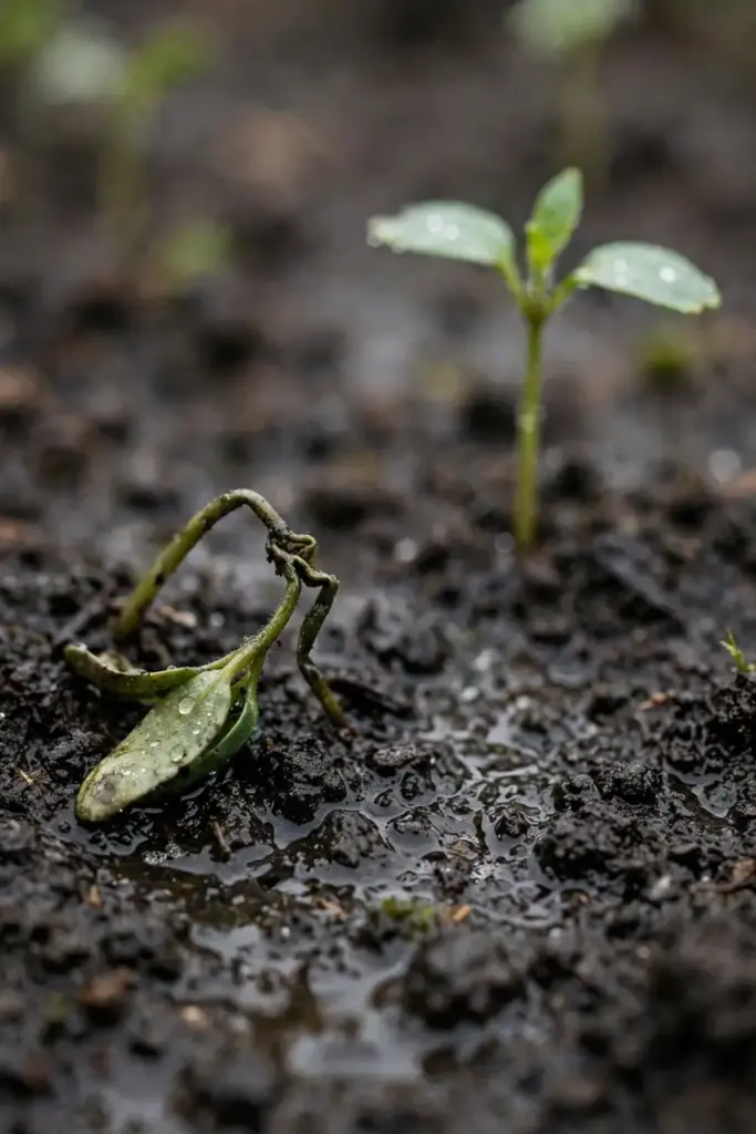Damped-off tejpat seedling toppled in overly wet seed mix showing the classic mistake