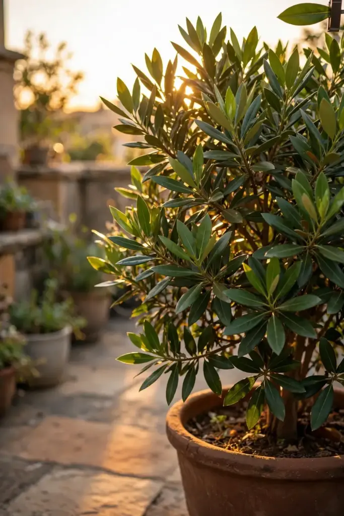 Thriving container tejpat tree on a sunny terrace at golden afternoon light