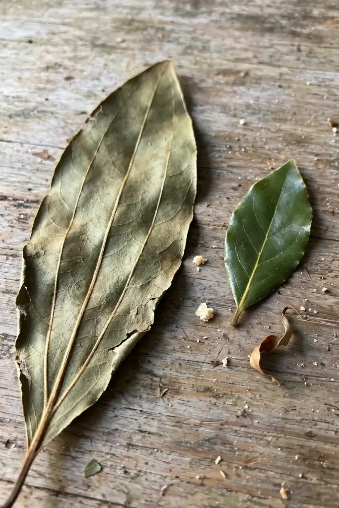 Two bay leaves side by side on wood showing tejpat versus European bay differences