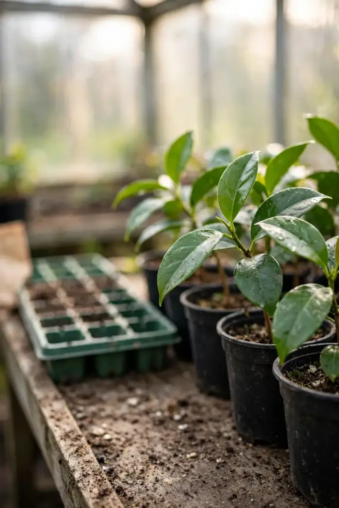 Row of young tejpat saplings in nursery pots beside a tray of seeds