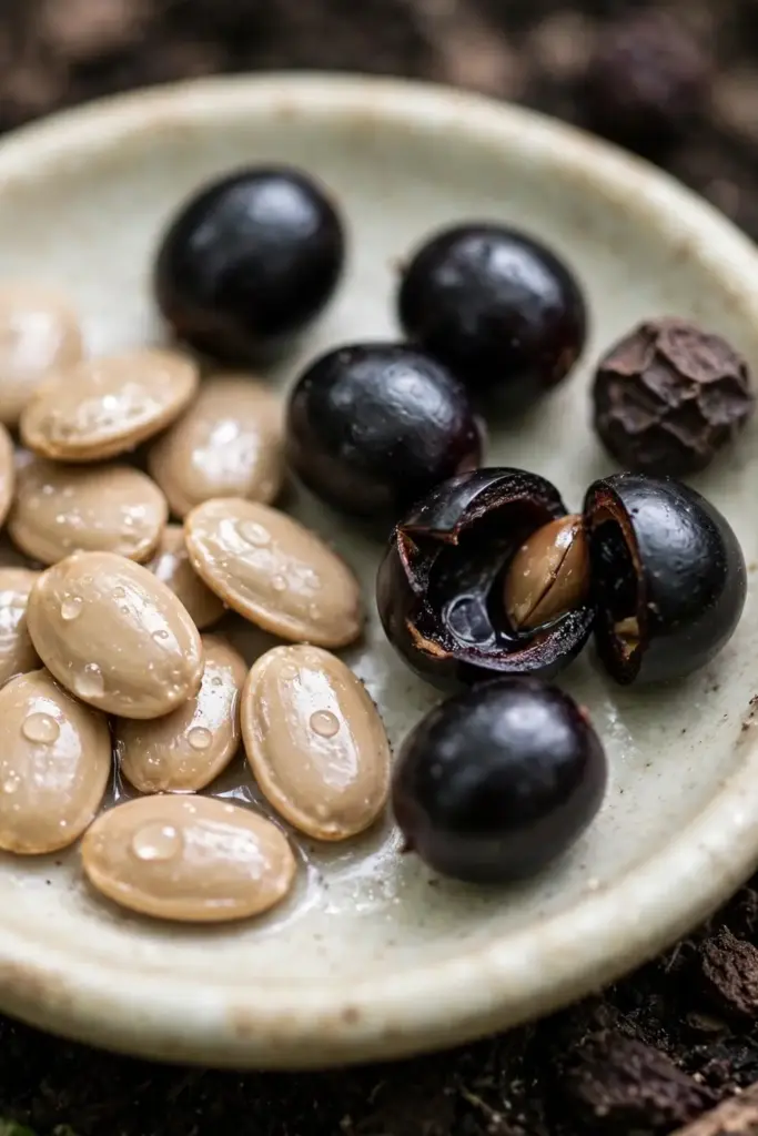 Close-up of fresh dark tejpat berries and cleaned seeds showing viability