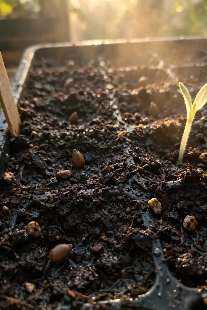 Tejpat seeds sown in a tray with one fresh sprout emerging from dark soil