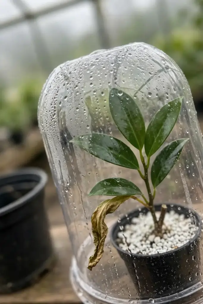 Tejpat semi-hardwood cutting rooting in a small pot under a humidity cover