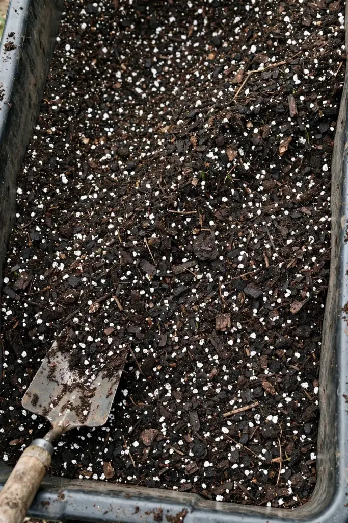Rich potting mix with perlite and compost being blended for tejpat soil