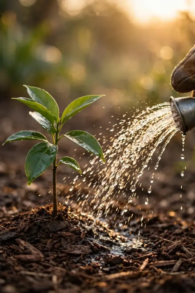 Watering a young tejpat tree with a watering can at low warm backlight