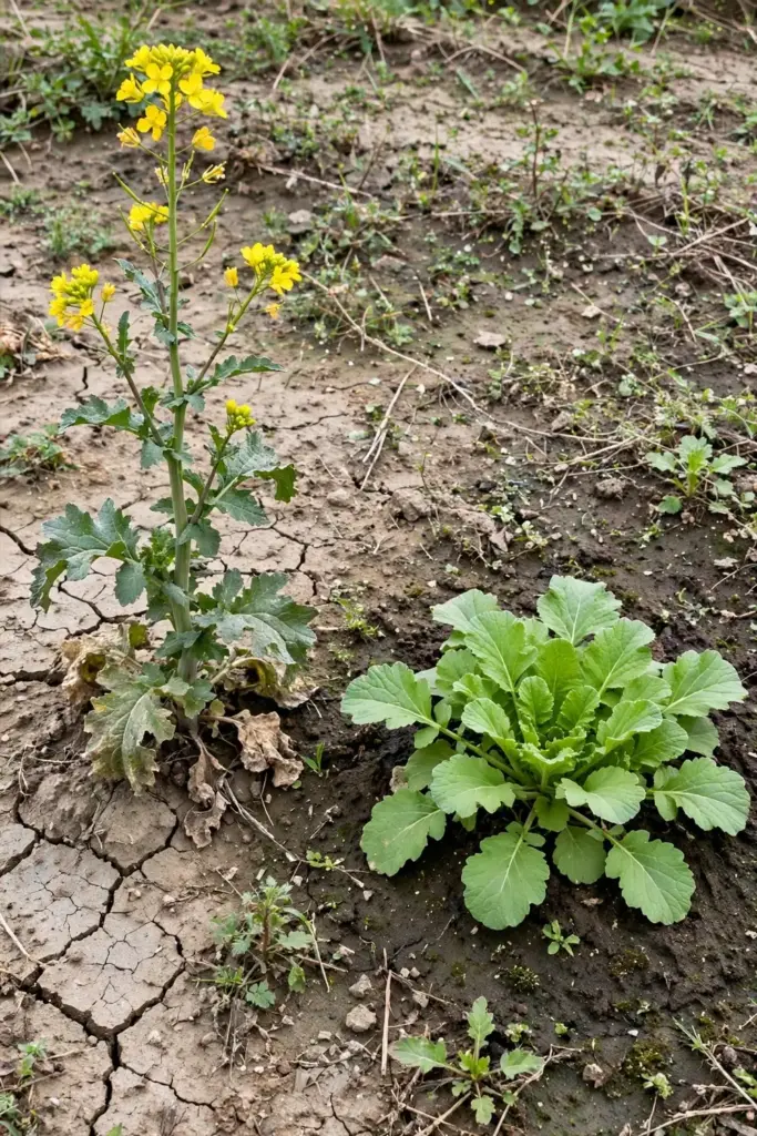 Bolted flowering mustard stalk beside a healthy low leaf rosette