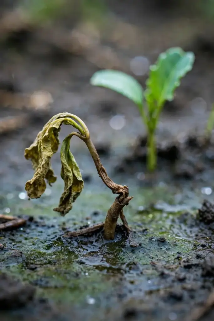 Wilting mustard seedling with pinched stem from damping-off
