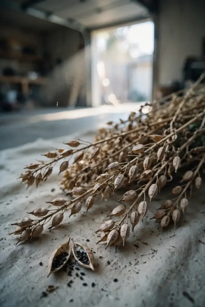 Cut mustard stalks with dry papery pods spread on a tarp