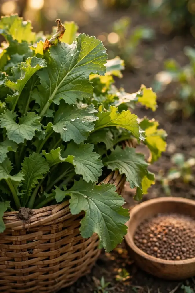 Basket of cut sarson greens next to a wooden bowl of brown rai seeds