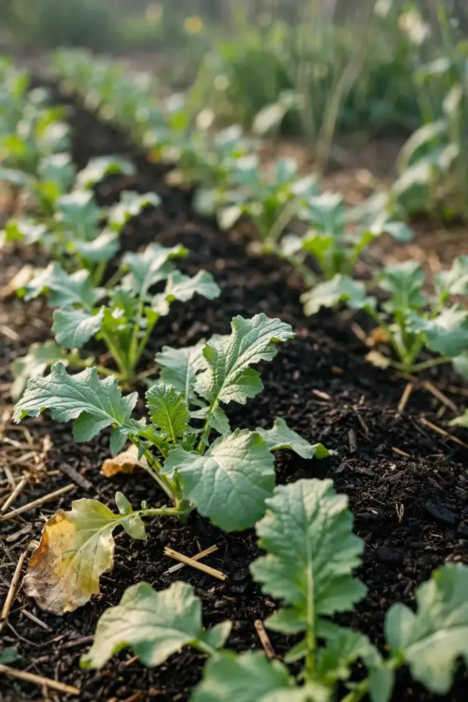 Young mustard plants in rows with a band of compost along one row