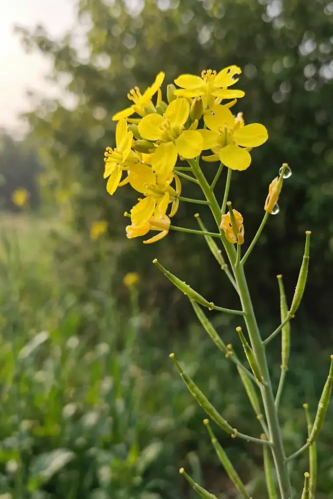 Bolted mustard stalk with yellow flowers and forming green seed pods