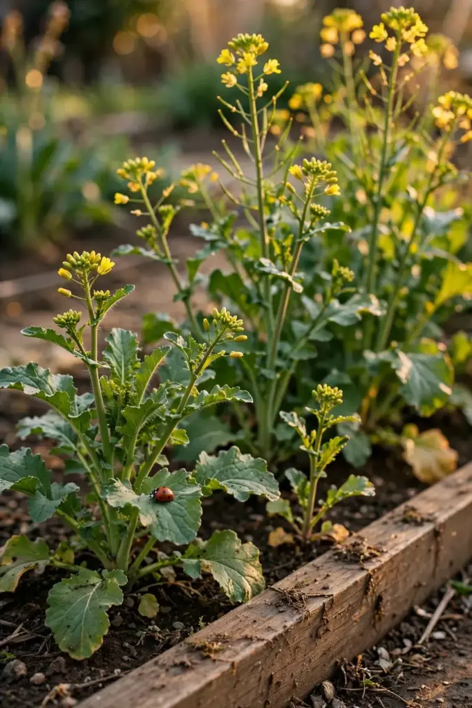 Row of mustard plants with first yellow buds along a garden edge