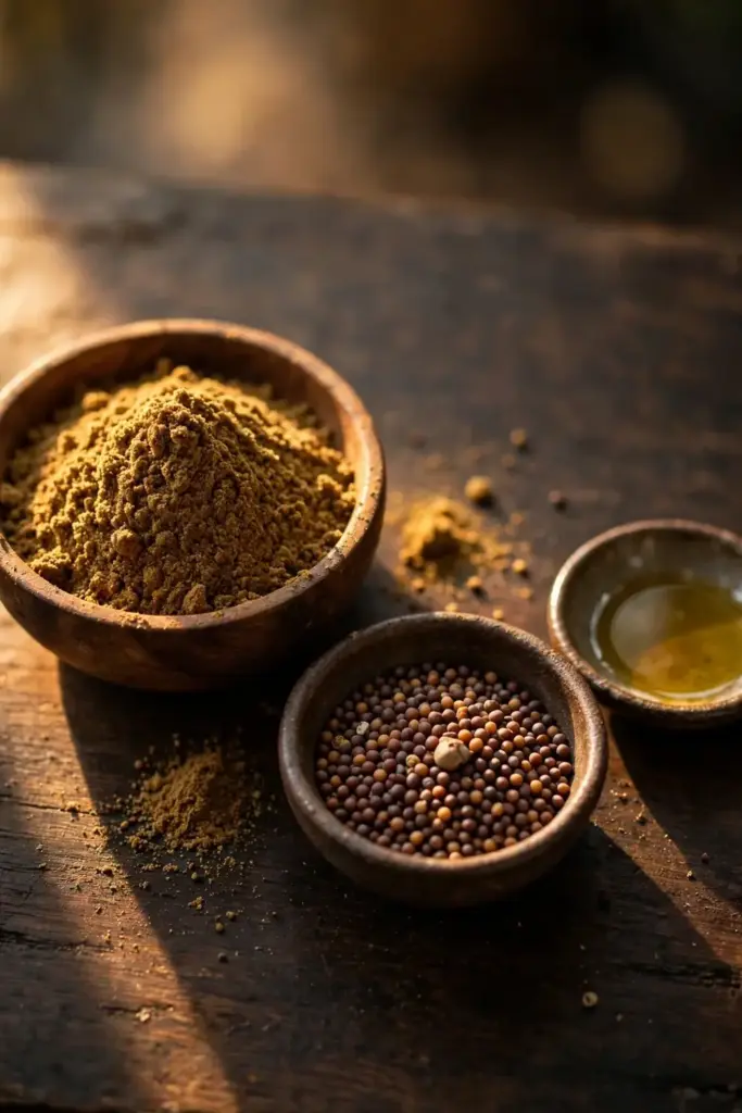 Wooden bowls of ground mustard powder, whole rai seeds, and oil