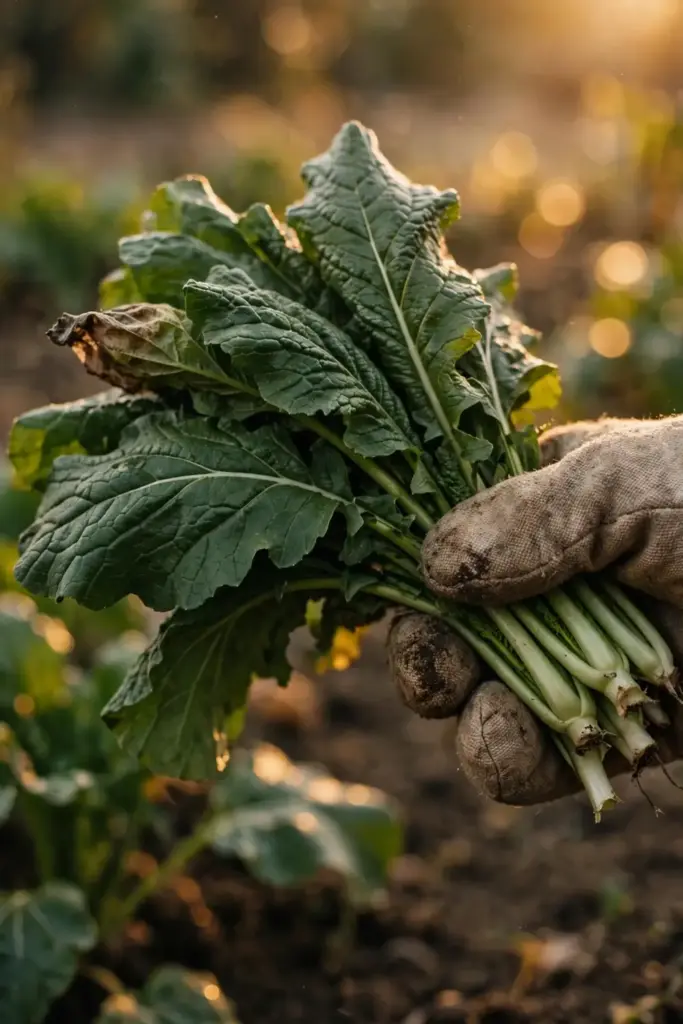 Hand in a garden mitt holding a bunch of freshly cut sarson greens