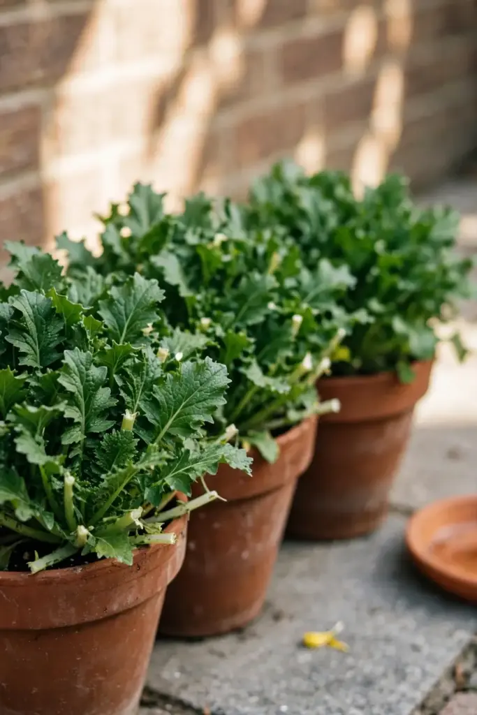 Terracotta pots of mustard greens growing on a sunny patio
