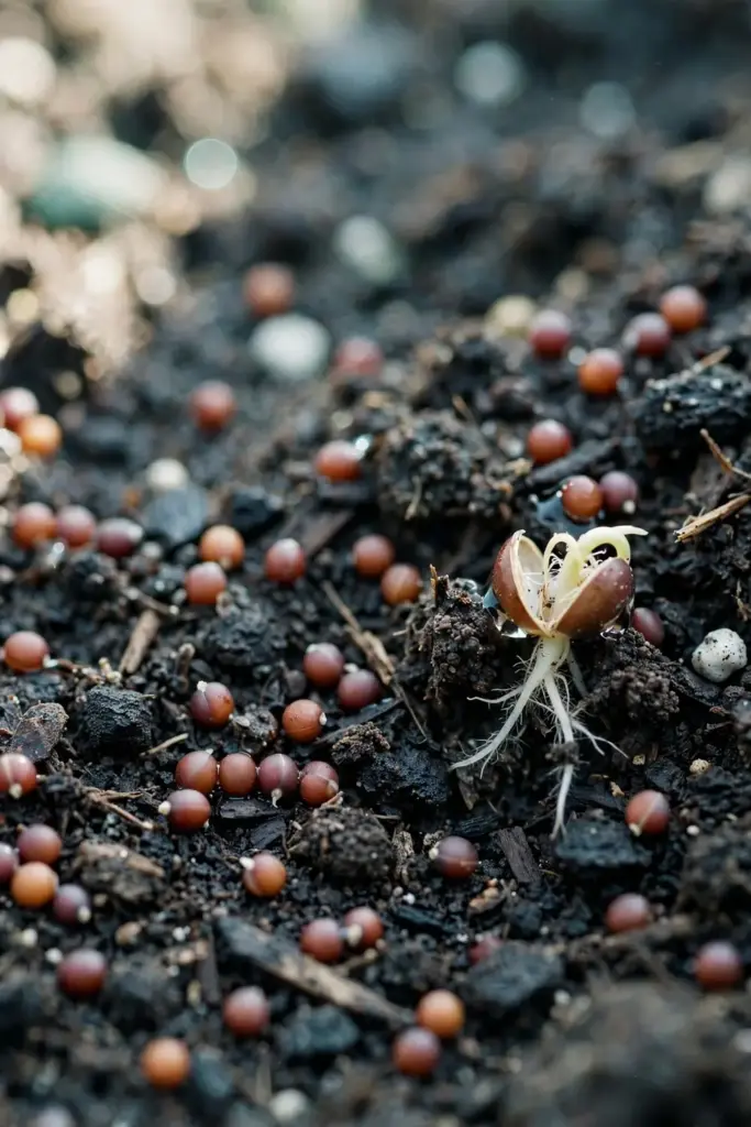 Brown rai seeds on dark soil, one sprouting with a pale shoot